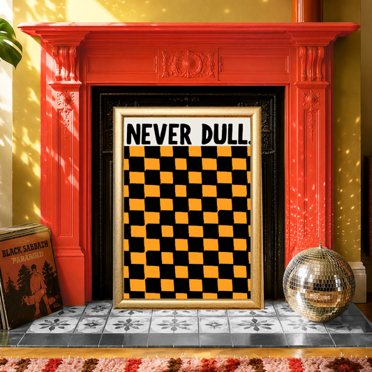 Never Dull Orange and Black Checkerboard Hull Print