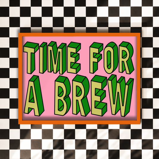 Time for a Brew Print | Funny Kitchen Wall Art | Tea Lover Gift | Colourful Coffee Station Decor | Retro Typography Print