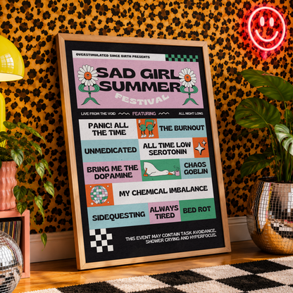 Sad Girl Summer Festival Print | ADHD & Neurodivergent Wall Art | Elder Emo| Dopamine Decor
