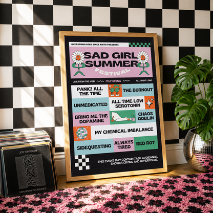 Sad Girl Summer Festival Print | ADHD & Neurodivergent Wall Art | Elder Emo| Dopamine Decor