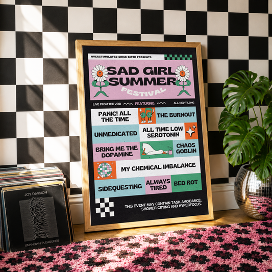 Sad Girl Summer Festival Print | ADHD & Neurodivergent Wall Art | Elder Emo| Dopamine Decor