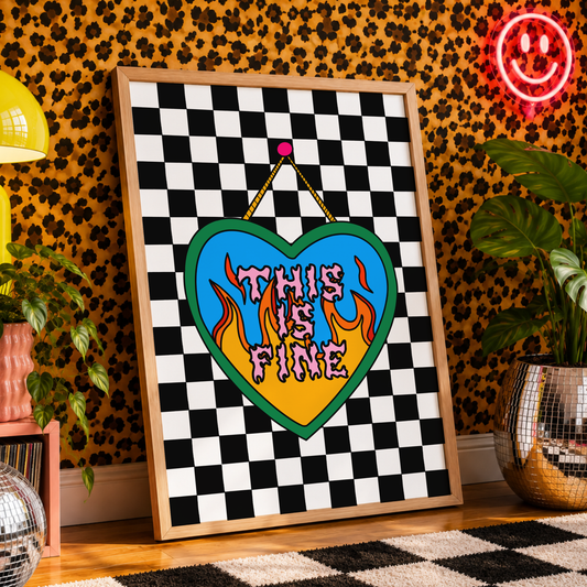 This Is Fine Print | Funny Mental Health Wall Art | ADHD & Anxiety Decor | Elder Emo Checkerboard Poster