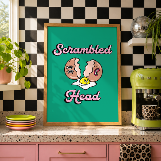 Scrambled Head Print | Funny Kitchen Wall Art | Egg Pun Print | Colourful ADHD Foodie Decor